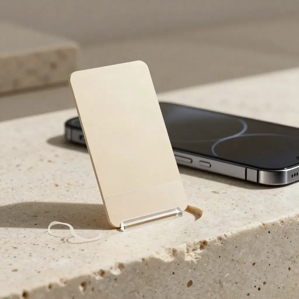 Slimme Launch-Card, Mini-Smartphone und transparente CTA-Karte auf hellem Travertin