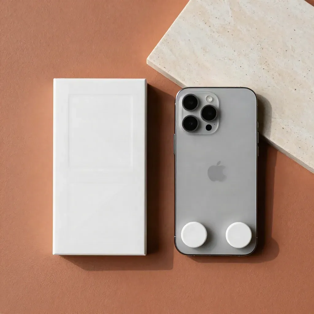 Overhead-Flatlay eines Lead-Erfassung-Kits mit Formblock, Smartphonekante und zwei weißen Markern